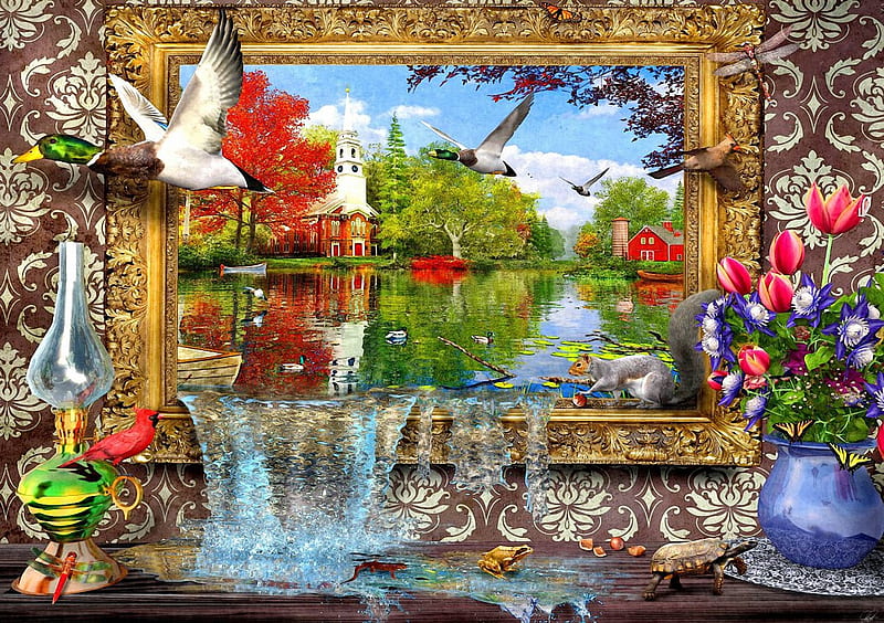 of Life, wall digital, ducks, flowers, river, artwork, HD wallpaper