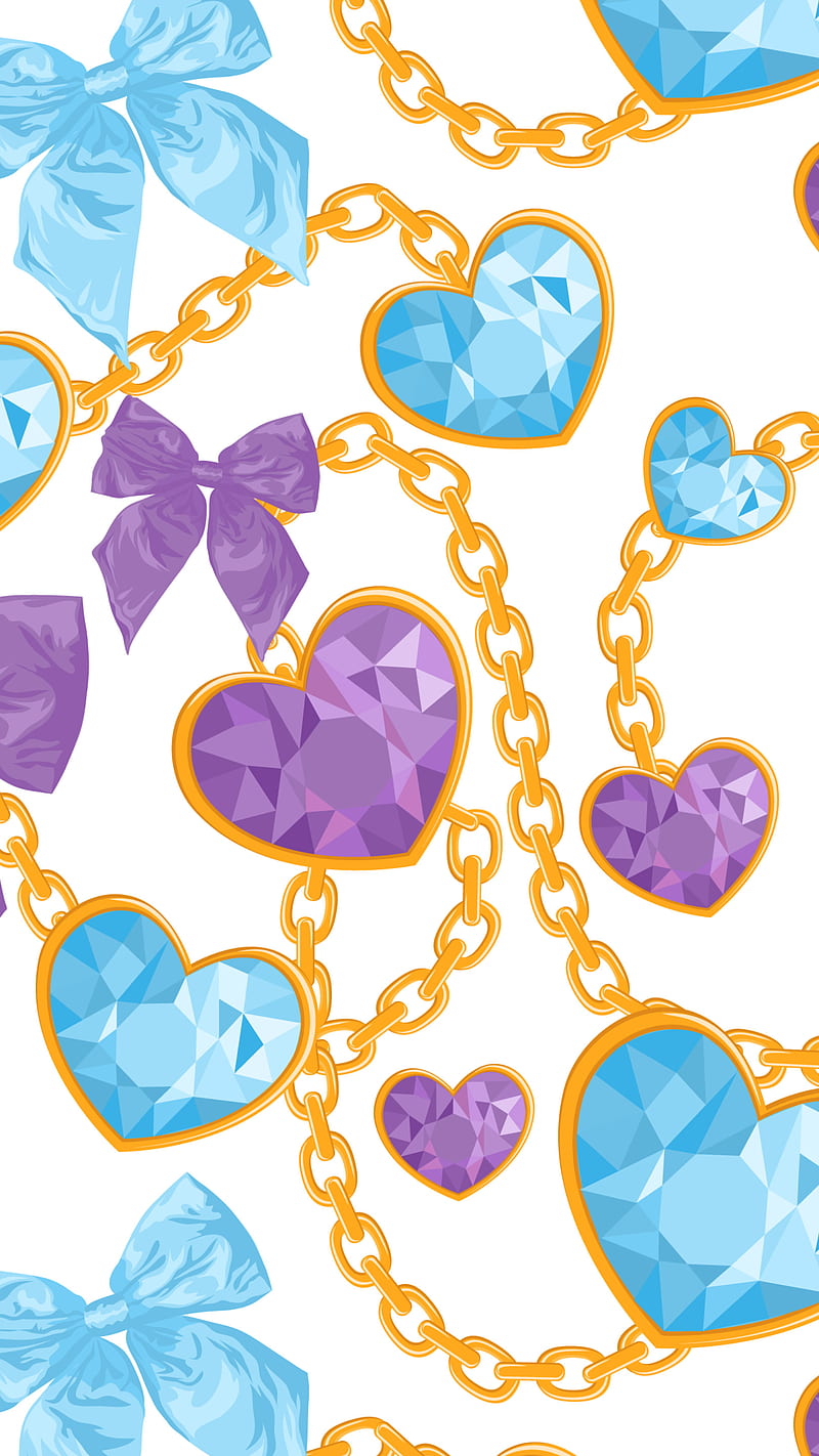 Heart & Chains Gold, Kiss, blue, bow, diamonds, gems, corazones, necklace, purple, HD phone wallpaper