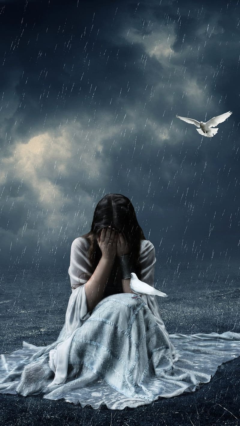 Alone Girl, In Rain, rain, birds, depressed, sitting, HD phone wallpaper |  Peakpx