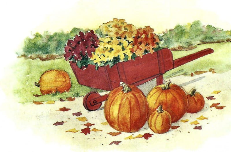 Fall Harvest, Fall, art, harvest, asters, artwork, painting, wide screen, flowers, Four Seasons, scenery, wheelbarrow, Autumn, landscape, pumpkins, HD wallpaper