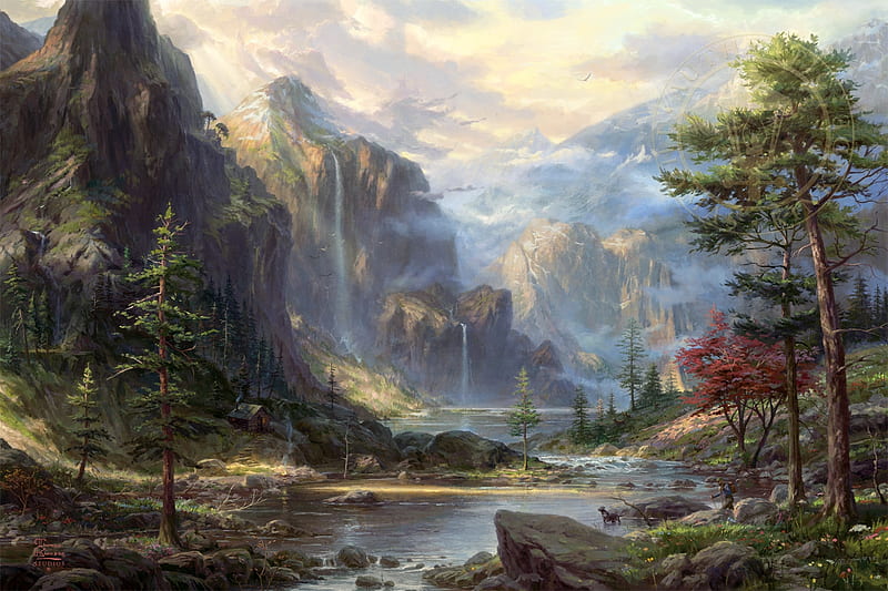 High Country Wilderness - Thomas Kinkade, hut, mountains, painting, waterfall, river, trees, artwork, HD wallpaper