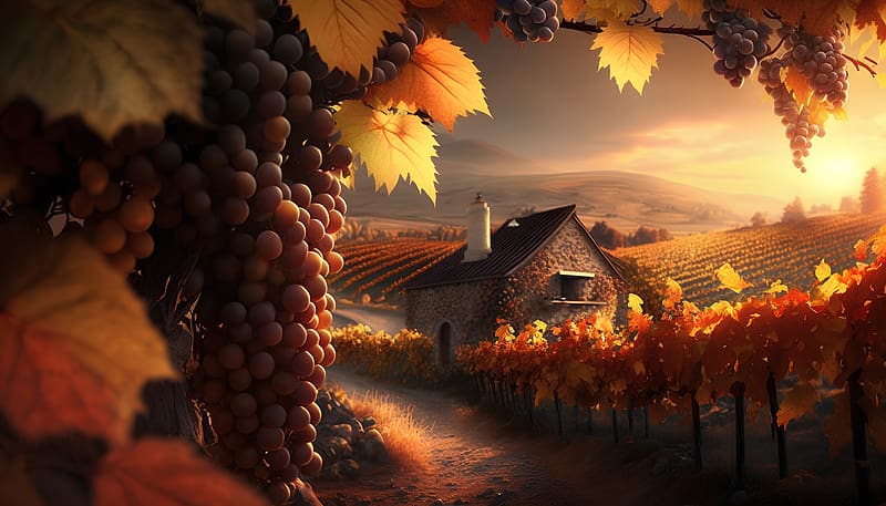 Autumn vineyard, Road, Village, Old house, Grapes, Trees, HD wallpaper