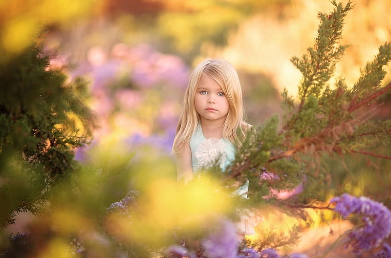 Glimpse of spring, little, yellow, blonde, spring, cute, girl, flower, copil, child, pink, HD wallpaper