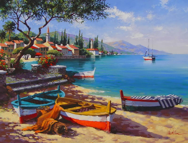 Anatoly Metlan art, colorful, shore, bonito, boats, dock, painting, village, art, lovely, oil, houses, port, pier, sky, trees, summer, sands, coast, HD wallpaper