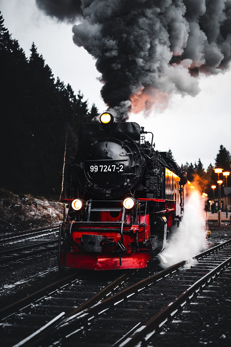 train, railroad, rails, smoke, trees, HD phone wallpaper
