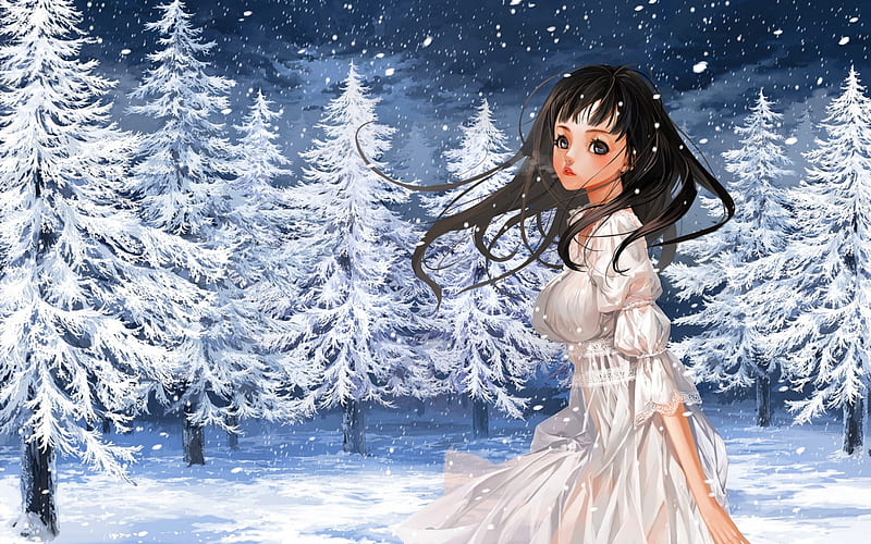 White Winter, pretty, dress, christmas tree, bonito, sweet, nice, anime, beauty, anime girl, scenery, female, lovely, blouse, winter, tree, girl, snow, lady, white, scene, maiden, HD wallpaper