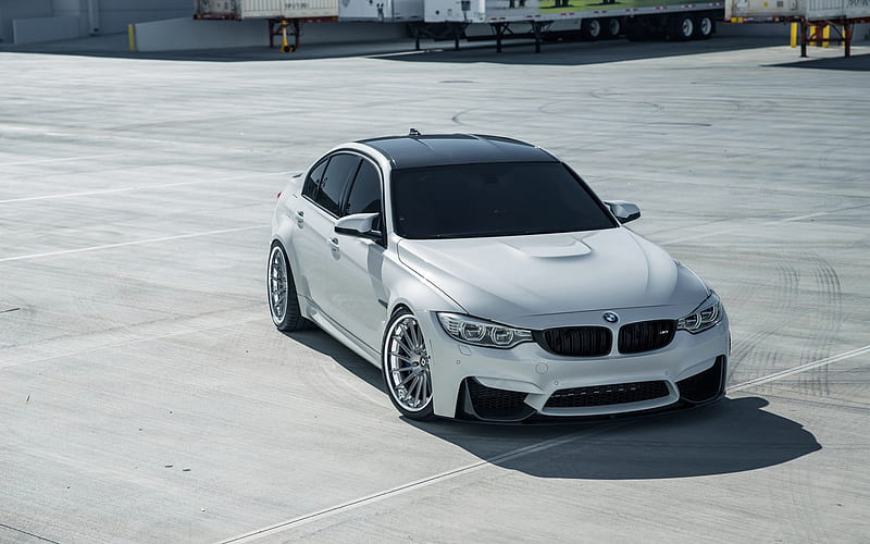 BMW M3, 2018, F80, white sedan, tuning M3, luxury wheels, new white M3, German cars, BMW, HD wallpaper