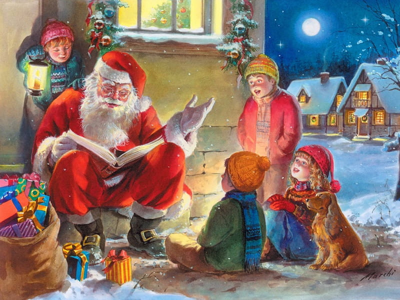 Santa's story time, christmas, holiday, time, houses, children, bonito, magic, eve, winter, santa, snow, village, story, evening, gifts, HD wallpaper