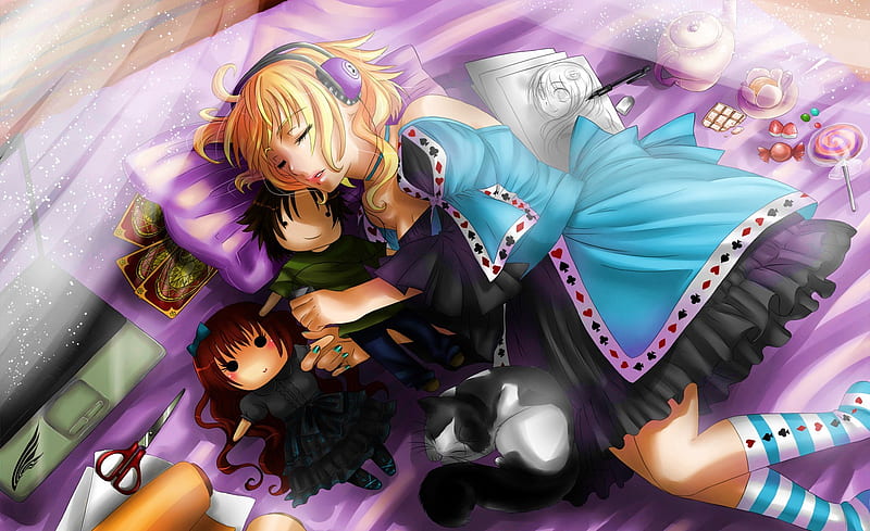 Sleepy, dolls, card suits dress, candies, cards, manga doodles, blonde hair, head phones, HD wallpaper