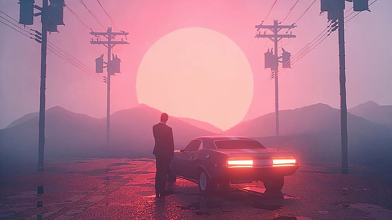 Man Is Standing Near Car During Sunset Vaporwave, HD wallpaper