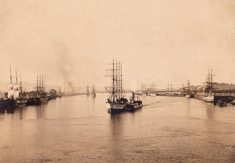 sailboats in 1890' harbor, sepia, vintage, sailboats, harbor, HD wallpaper