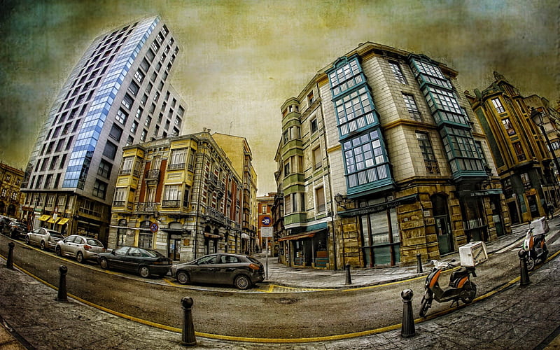 fantastic townscape in fish eye r, carros, scooter, fish eye, town, r, street, HD wallpaper