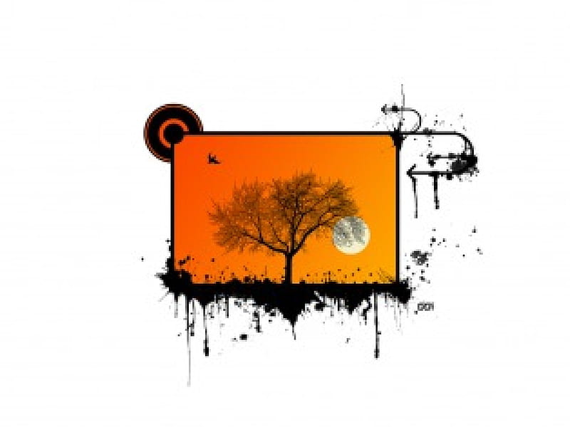 Vector Pen and Ink , center, tree, moon, drips, circles, silhouette, HD wallpaper