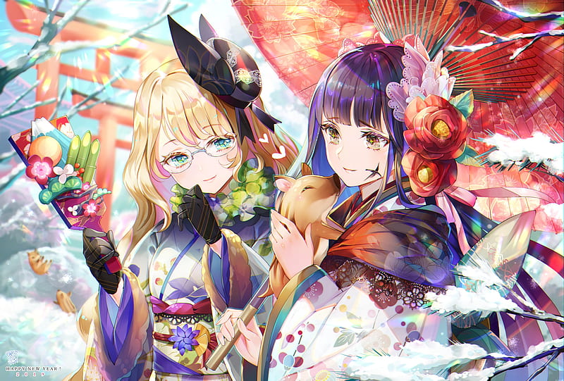 anime girls, kimono, traditional clothes, meganekko, blonde, flowers, Anime, HD wallpaper