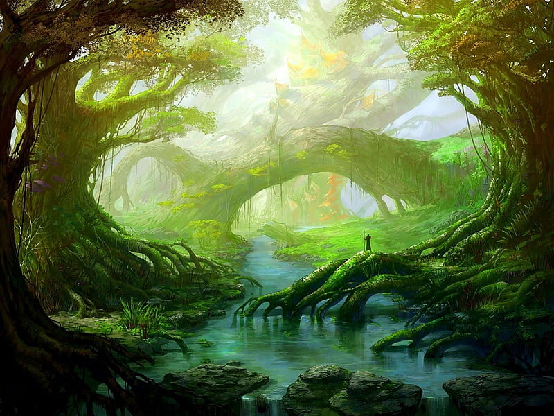 Fantasy forest, forest, colorful, lovely, view, colors, bonito, magic, trees, swamp, valley, warrior, water, splendor, green, men, HD wallpaper