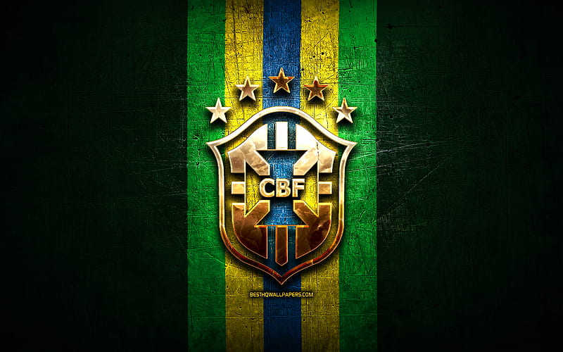 Brazil National Football Team, golden logo, South America, Conmebol, green  metal background, HD wallpaper | Peakpx