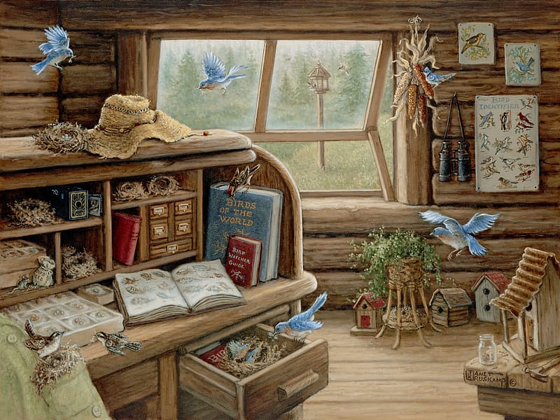 Birdwatchers retreat, janet kruskamp, painting, room, bird, art, pictura, interior, pasari, HD wallpaper