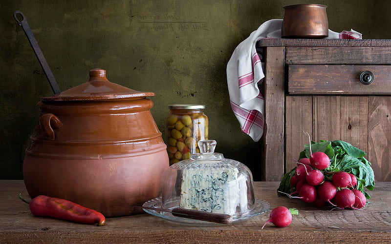 Kitchen Still Life, still life, pot, garden radishes, cheese, wooden, HD wallpaper