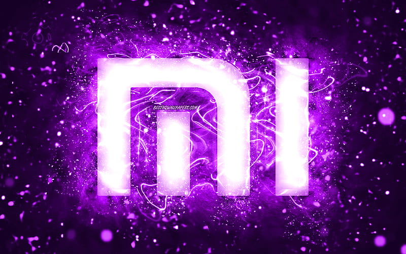 Xiaomi violet logo violet neon lights, creative, violet abstract background, Xiaomi logo, brands, Xiaomi, HD wallpaper