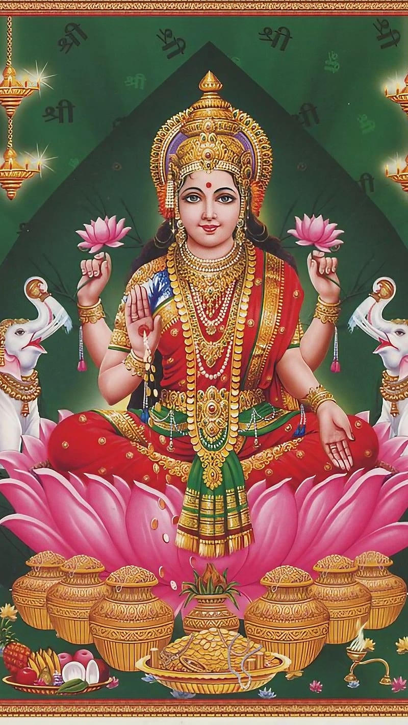 Lakshmi Ji Ka, Green Background, goddess of wealth, maa laxmi, HD phone wallpaper