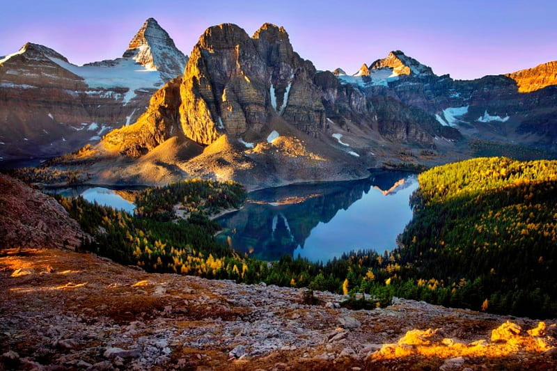 Assiniboine Provincial Park, Canada, forest, lakes, snow, mountains, bonito, sunrise, HD wallpaper