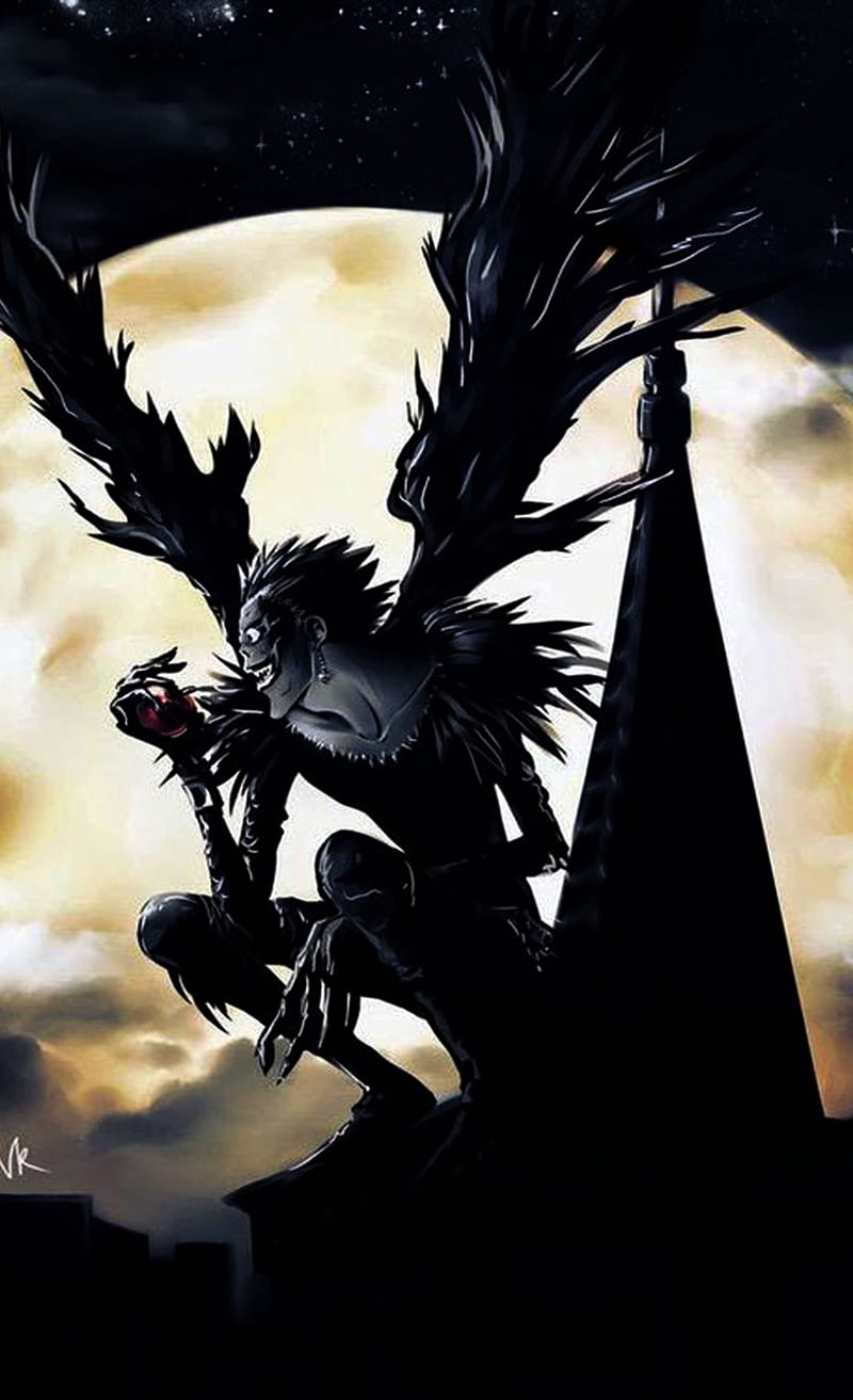 Ryuk, death note, shinigami, anime, angel, apple, dark, HD phone wallpaper