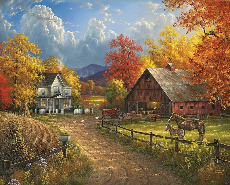 The farm, farm, art, autumn, abraham hunter, toamna, pictura, country, horse, painting, HD wallpaper