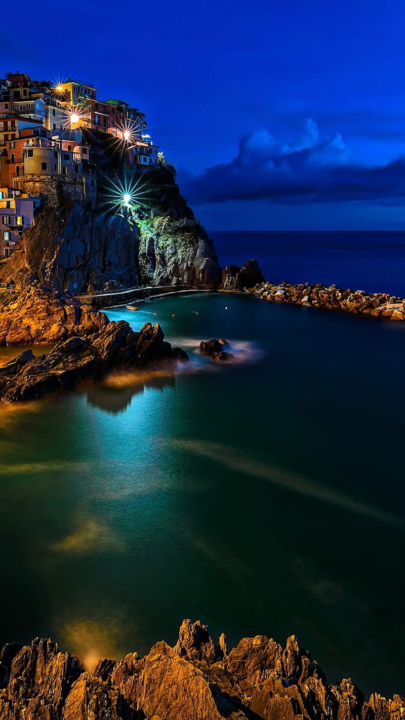 Night Seascape, city, italy, lights, rocks, sea, HD phone wallpaper