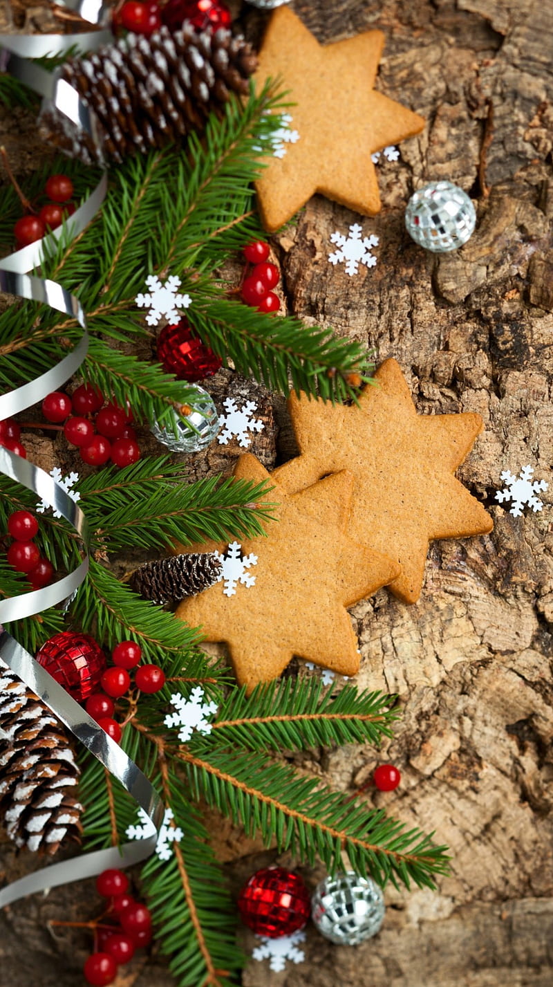 Christmas decoration, christmas decorations, cone, gingerbreads, stars, HD phone wallpaper
