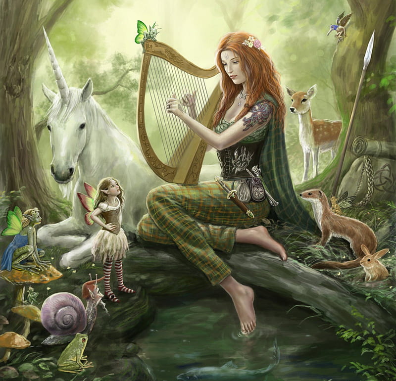 Girl in the Fairy Wood, fairyland, music, unicorn, deer, frog, girl, harp, creatures, fairy, HD wallpaper