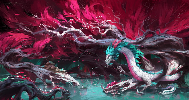 Water dragon, tree, water, lulin, lu lin, dragon, pink, blue, art, luminos, fantasy, HD wallpaper