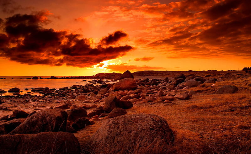 Fiery sunset, rocks, red, pretty, glow, shore, orange, fiery, bonito, sunset, sea, beach, sundown, nice, stones, river, sunrise, lovely, sky, fire, water, summer, nature, HD wallpaper