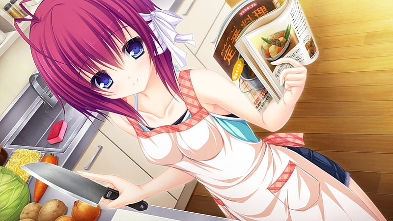 Wanna Help Me Cook?, pretty, girl, veggies, anime, cooking, kitchen, knife, cookbook, HD wallpaper