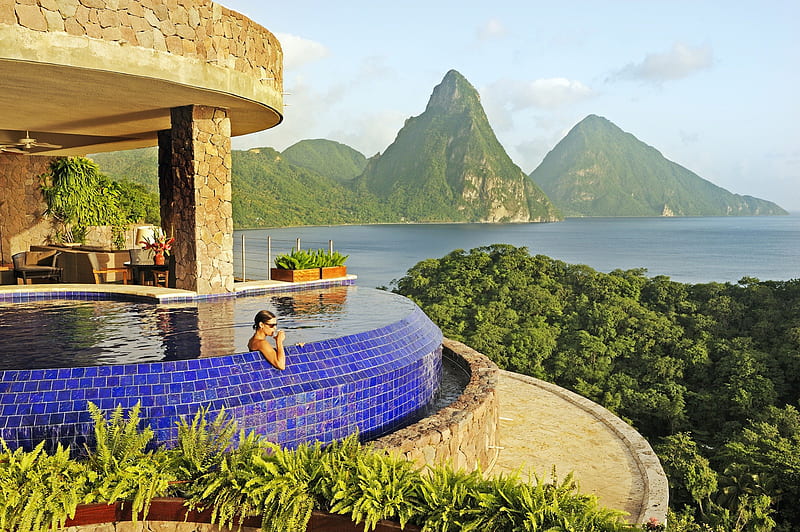 Beautiful View - St Lucia Paradise Island Caribbean West Indies, architecture, st lucia, sea, modern, mid century, room, swimming, luxury, hotel, exotic, islands, contemporary, view, ocean, pool, vista, hote tub, caribbean, suite, paradise, west indies, mountains, spa, jacuzzi, island, tropical, HD wallpaper