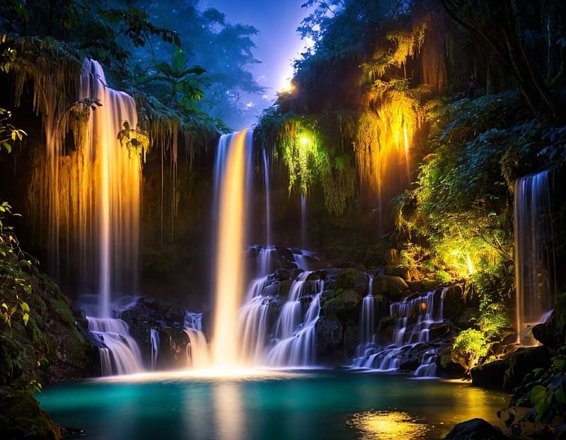 Enchanted Forest Waterfall Glow, novenyzet, termeszet, fak, erdei vizeses, zuhatag, bekes, ragyogas, HD wallpaper