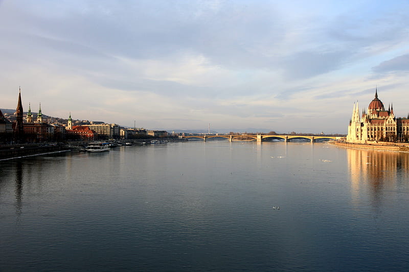 View from Danube Bridge in Budapest, parliament, budapest, bridge, danube, HD wallpaper