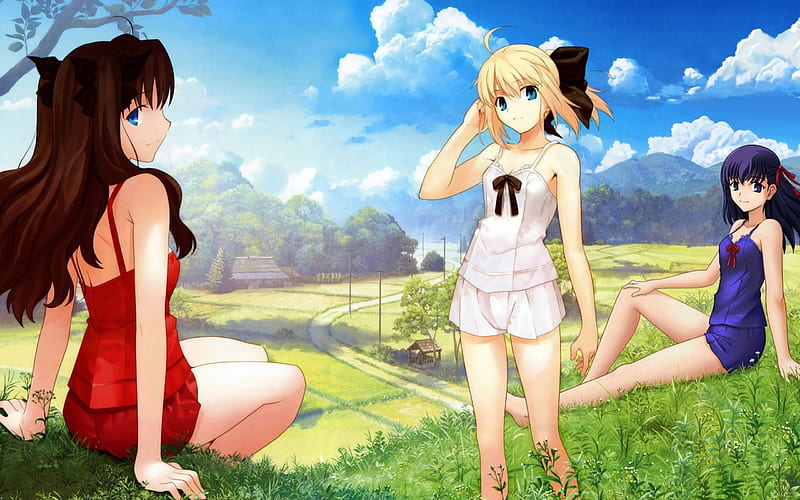 three girls, red, fate, lovely, red dress, legs, ribbens, bows, dresses, sexy, cute, nice, young, shorts, long hair, HD wallpaper