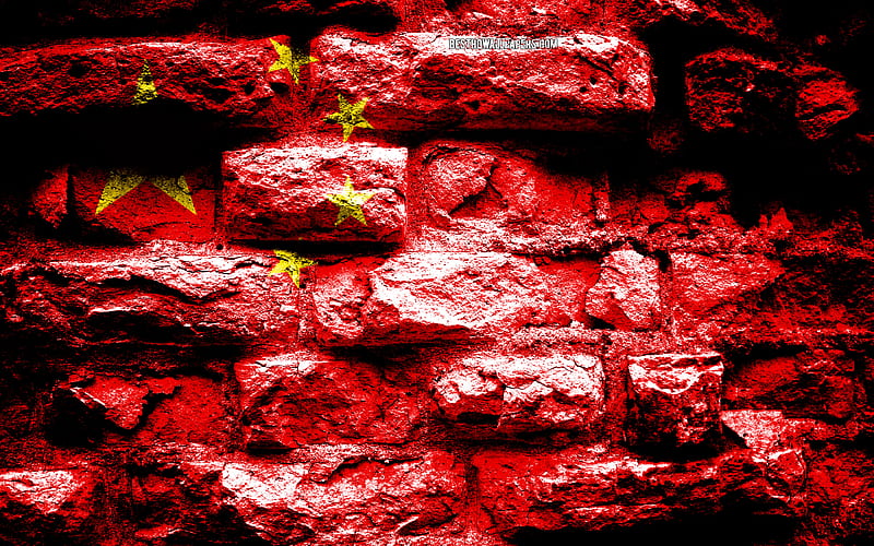 China flag, grunge brick texture, Flag of China, flag on brick wall, China, flags of Asian countries, HD wallpaper