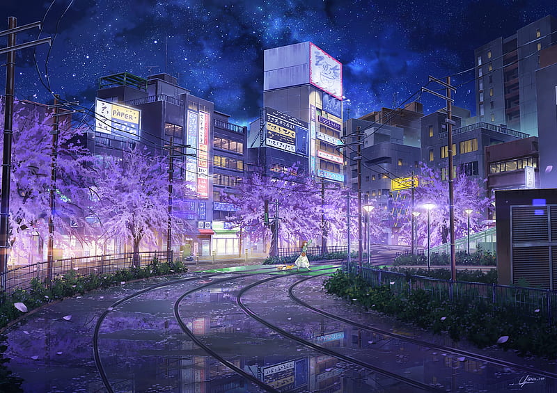 anime city, sakura blossom, railway, people, buildings, night, Anime, HD wallpaper