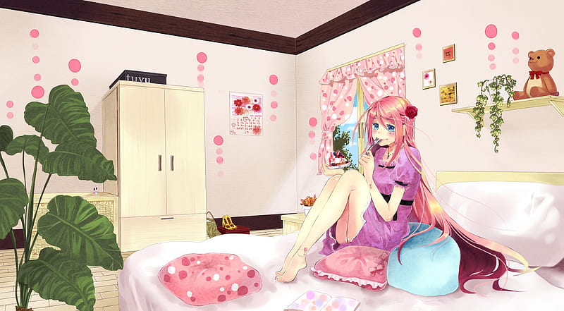 Megurine Luka's room, red, pretty, closet, rose, luka, plant, bonito, megurine luka, megurine, bed, red rose, leaves, nice, anime, beauty, room, vocaloids, pink, blue eyes, vocaloid, cute, cool, flower, awesome, pink hair, HD wallpaper