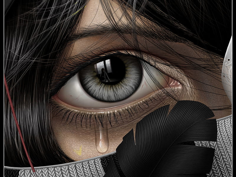 Tears For You, grey eye, tear, feather, pupil, reflection, HD wallpaper