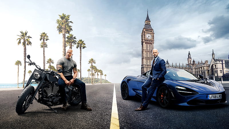 Fast & Furious Presents: Hobbs & Shaw (2019), palm tree, actor, poster, Jason Statham, action, movie, man, hobs and shaw, car, Dwayne Johnson, london, fast and furious, presents, HD wallpaper