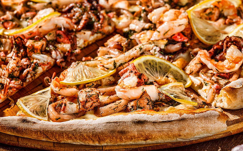 Pizza with shrimp, seafood pizza, seafood, shrimp, fast food, pizza, HD wallpaper