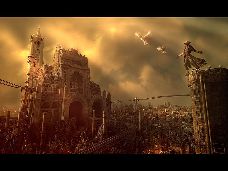 Steampunk Landscape, george grie, steampunk, 3d and cg, neosurrealimart, graphics, its so cool, landscape, HD wallpaper