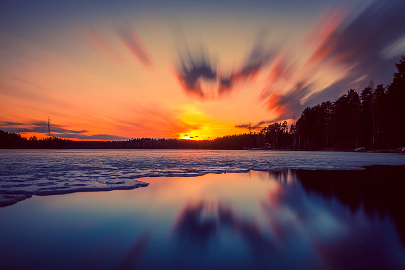 sunset, lake, ice, sky, HD wallpaper