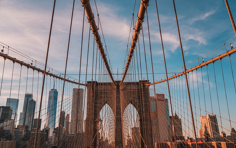 Brooklyn Bridge, New York, American flag, suspension bridge, skyscrapers, US flag, World Trade Center 1, USA, NY, HD wallpaper
