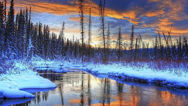 gorgeous winter riverscape r, forest, river, r, sunset, clouds, winter, HD wallpaper