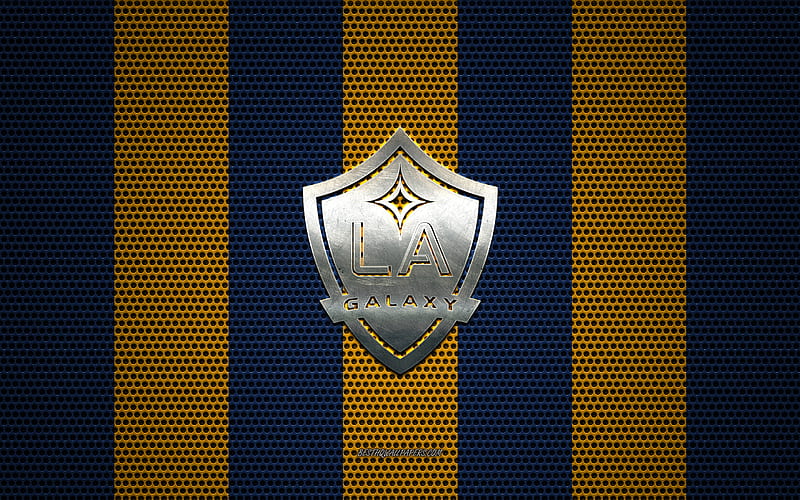 Los Angeles Galaxy logo, American soccer club, metal emblem, blue and yellow metal mesh background, Los Angeles Galaxy, NHL, Los Angeles, California, USA, soccer, HD wallpaper