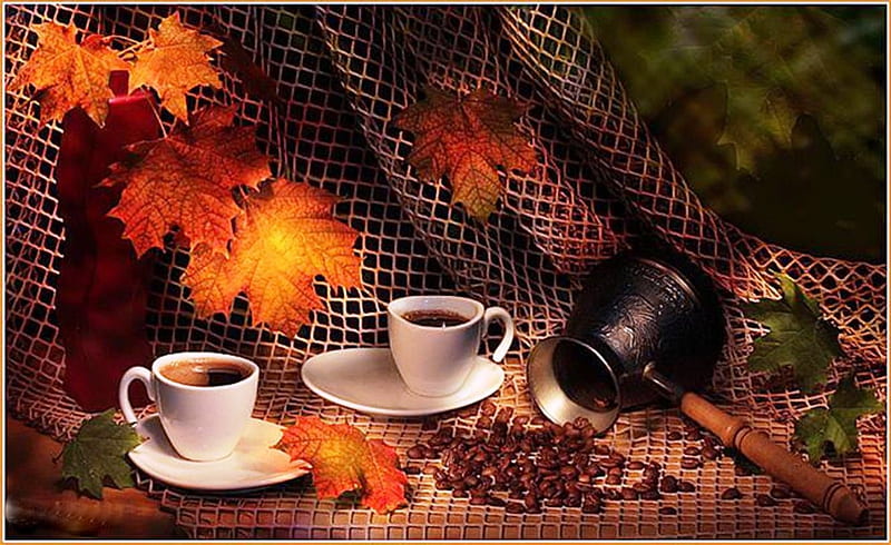 Autumn coffee, autumn, background, abstract, coffee beans, still life, graphy, gold, coffee, dark, cup, drink, nature, season, HD wallpaper