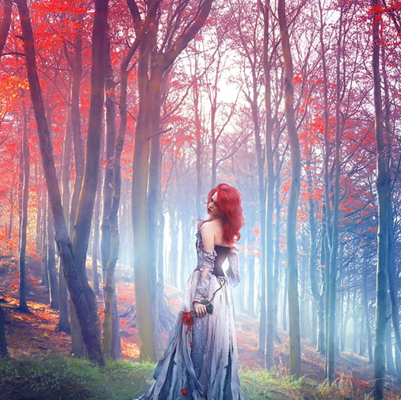 Chrysalis Heart, redhead, heart, trees, scenary, woman, wood, landscape, HD wallpaper